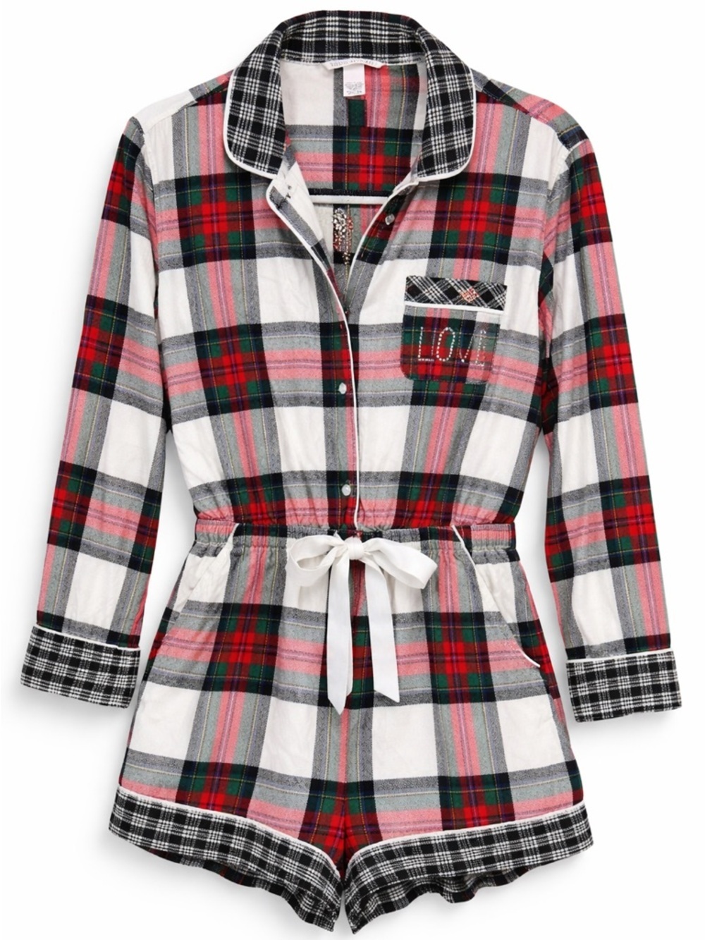 Victoria’s Secret Plaid Pajama Romper Shorts M Button Front Rhinestone Love